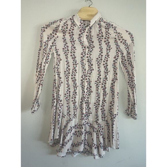 Free People Floral Button Up Shirt Dress Size S/P Pink Floral Ruffle Long Sleeve - Picture 1 of 8